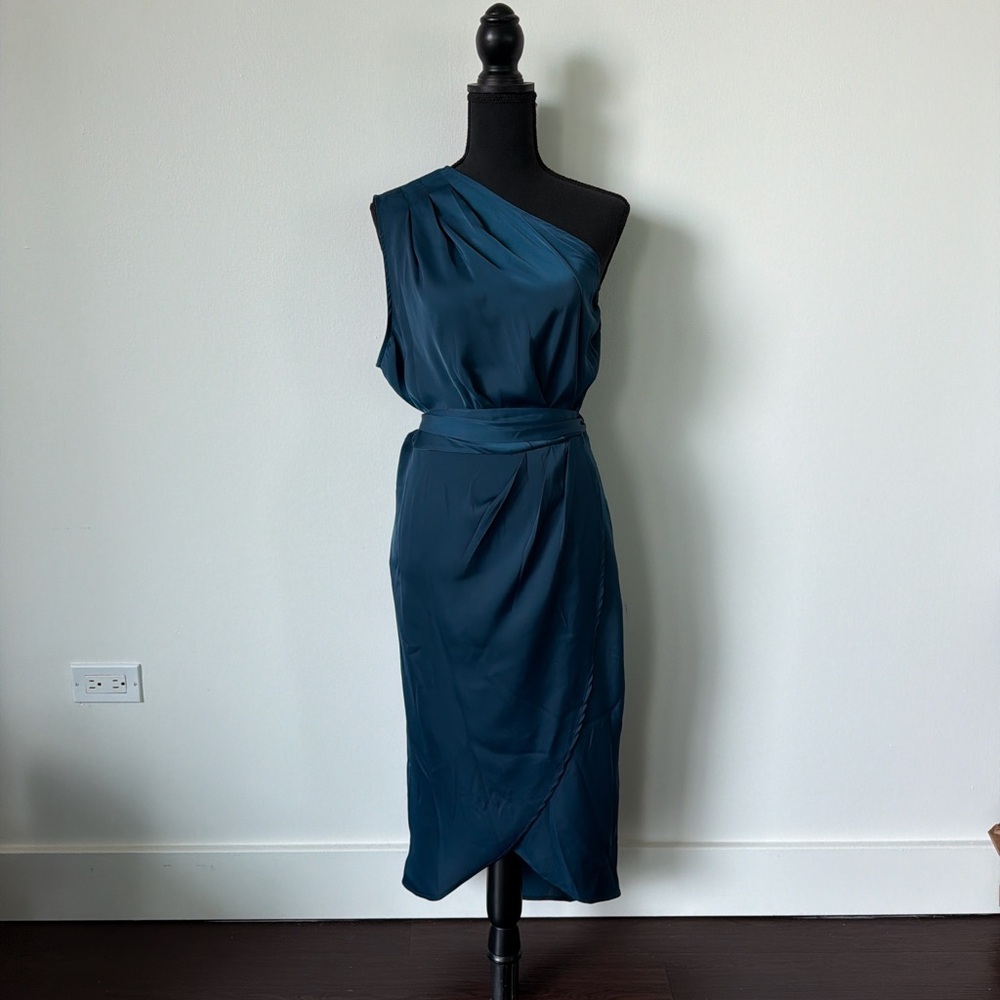 One-Shoulder Teal Blue Satin Dress